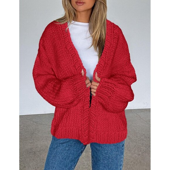 Womens Trendy Cardigan Sweaters Red Long Sleeve Chunky Knit Outfits - Picture 6 of 8
